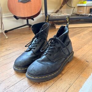 Dr. Martens Black Leather Lace-Up Ankle Boots with Yellow Stitching